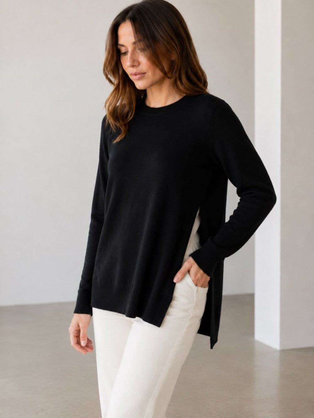 White + Warren Black Cashmere High Slit Crewneck Sweater